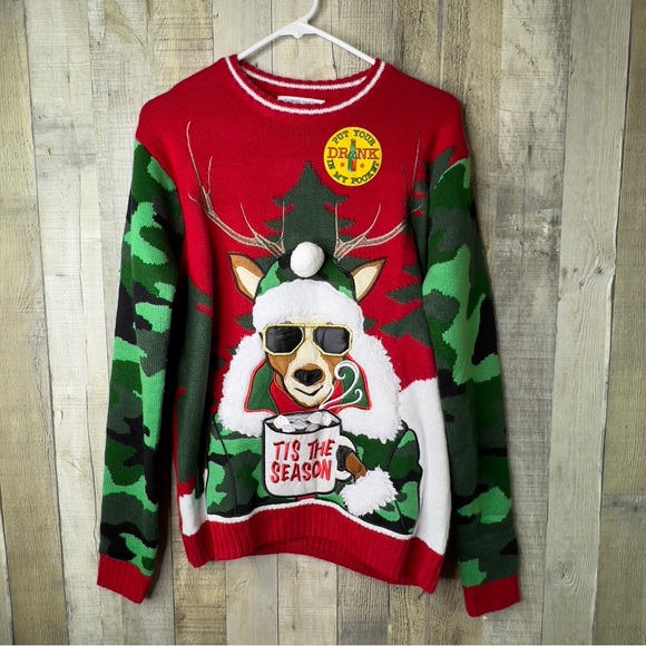 Celebrate Together Put Your Drink In My Pocket Ugly Reindeer Sweater Christmas - Picture 1 of 10